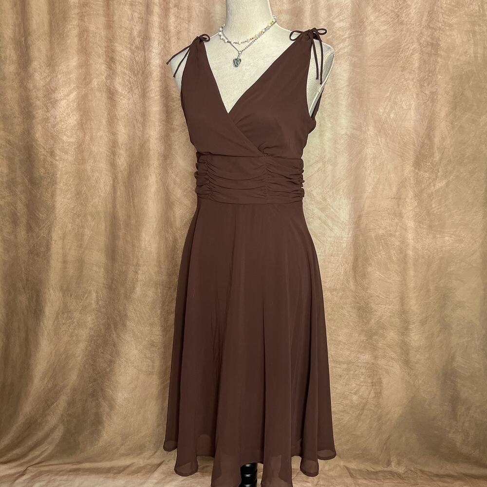 Vintage Y2K Brown Mesh Chiffon Ruched Dress Midi V Neck Formal Whimsigoth Party